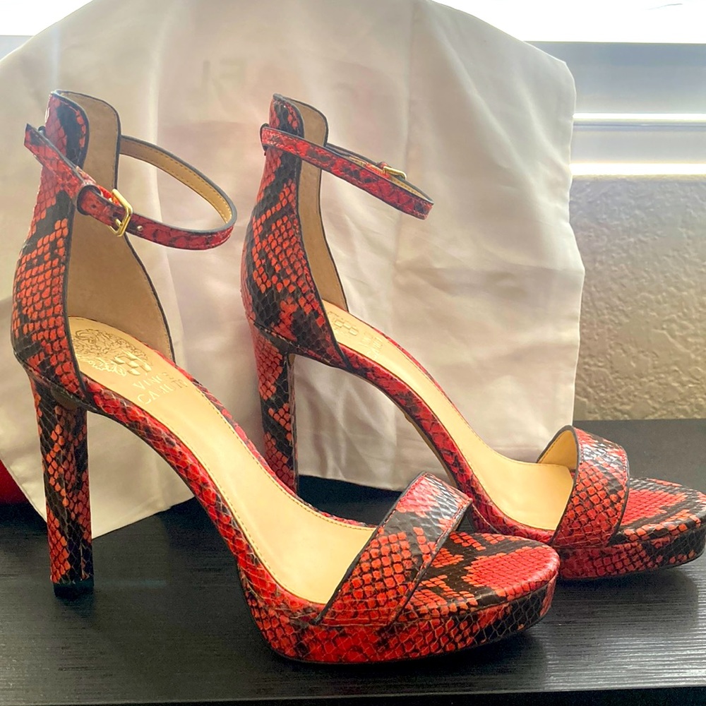 Vince Camuto Snakeskin Print Red Platform Stilettos
